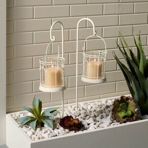 New- 2ct outdoor stake candle lanterns - white powdered coating